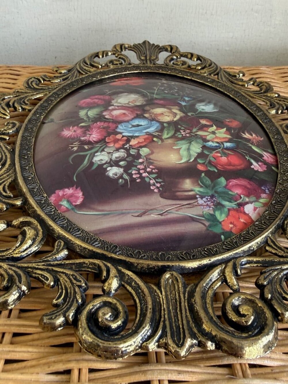 Vintage 1960s Italian Metal Frame Convex Glass Floral Bouquet Print 13x10" - Picture 4 of 11